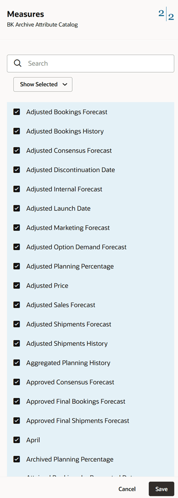 メジャー・カタログを編集するためのドロワーの「メジャー」タブ