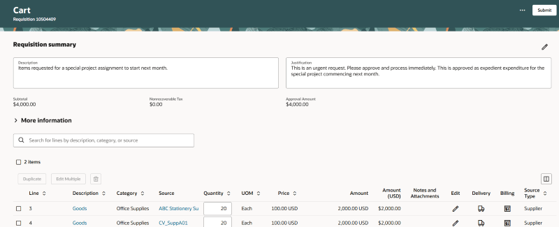 カートで編集可能な摘要および理由