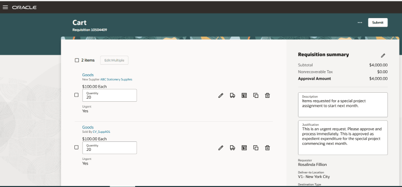 ショッピング・カートのリスト・ビューでの摘要および理由の編集