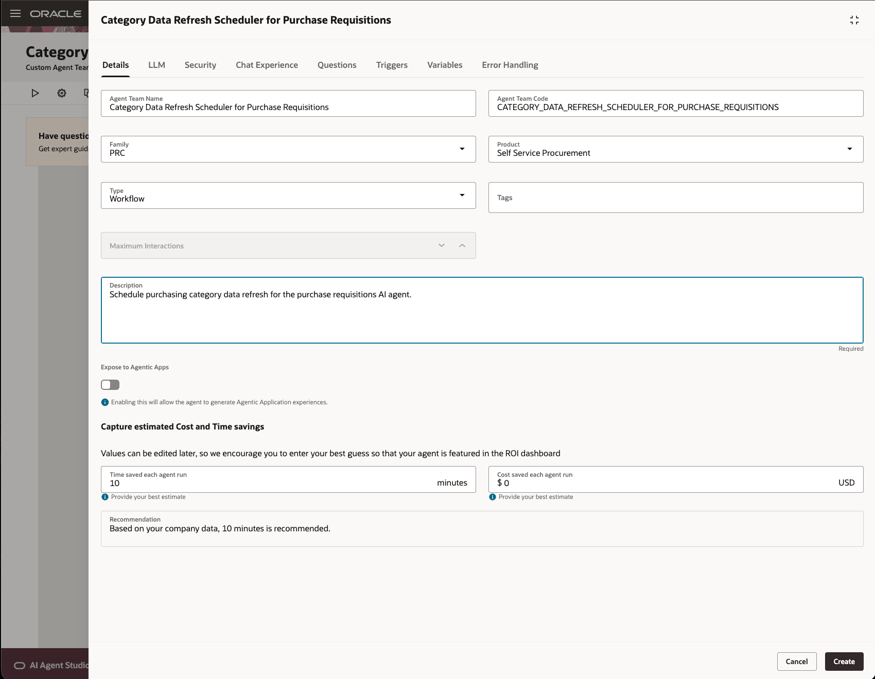 購買カテゴリの索引付けをスケジュールするための新規エージェント・チームの詳細の入力