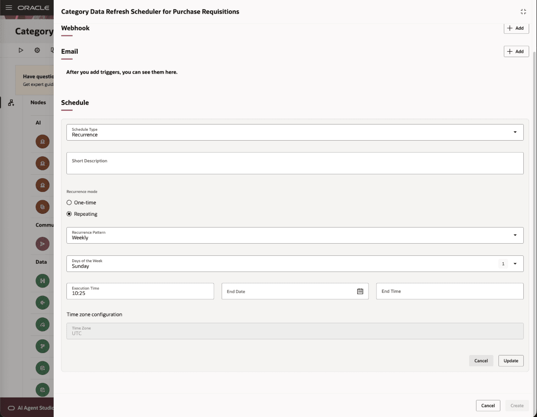 購買カテゴリの索引付けをスケジュールするための新規エージェント・チームのスケジュール詳細の入力