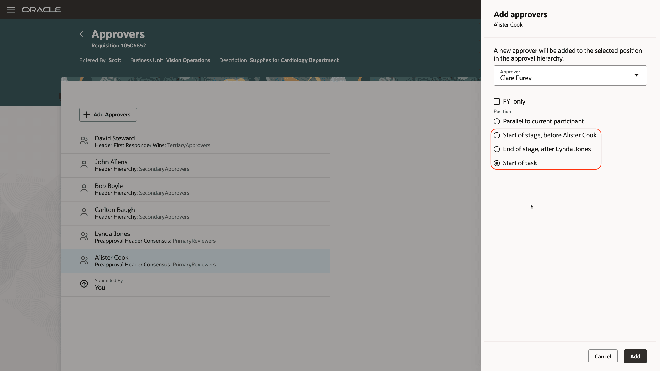 必要なポジションでの承認者の検索と追加