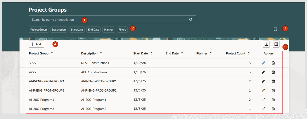 プロジェクト グループ ページ