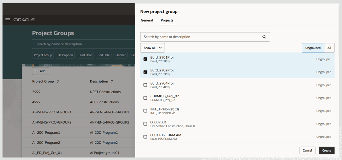 プロジェクト・グループに関連付けるプロジェクトの選択