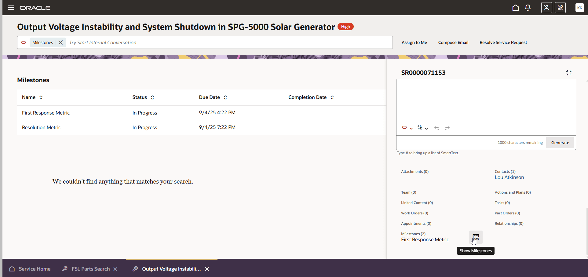 「マイルストンの表示」コマンドを使用した後のSR詳細ページ