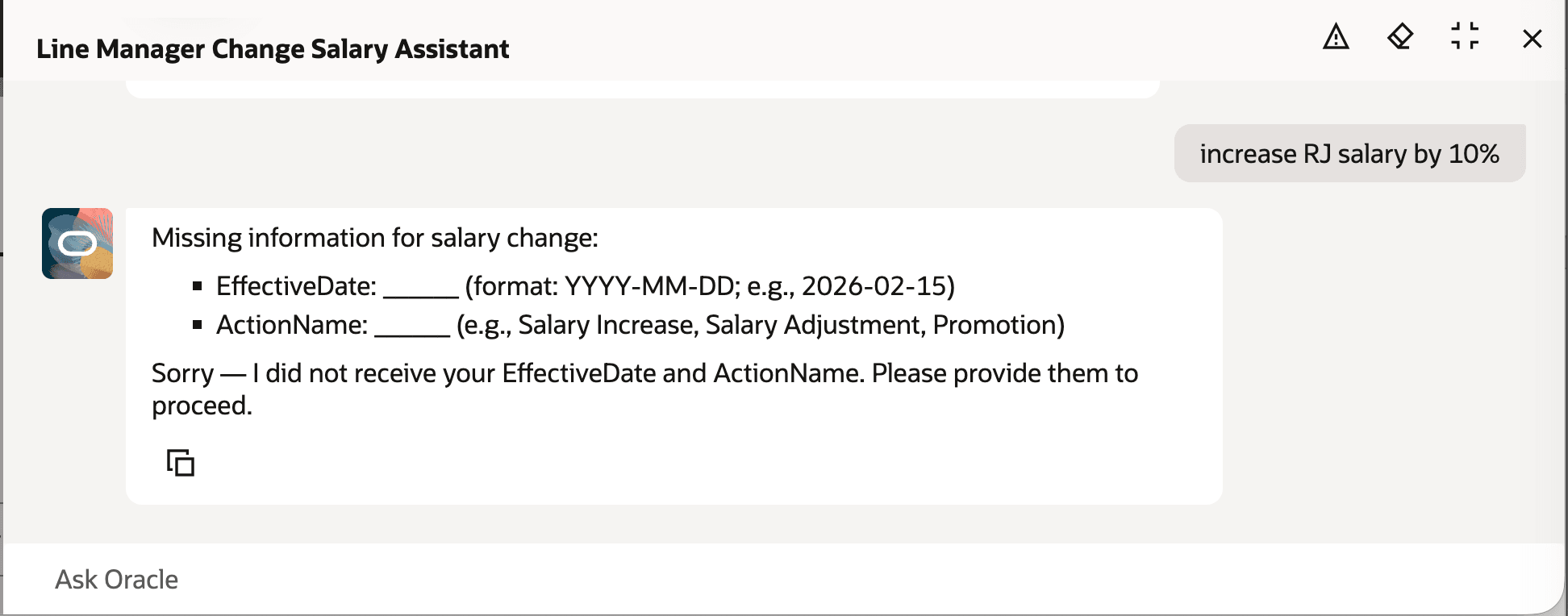AIエージェントは送信に必要な必須値がないことを示します