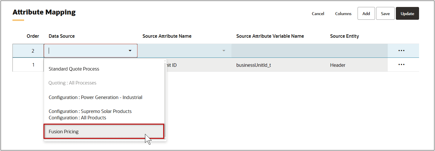 Fusion Prcing属性マッピング