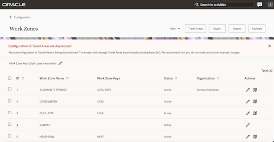 このスクリーンショットは、移動エリアが廃止され、手動構成が不要になったことを通知するバナーが表示された「作業ゾーン」ページを示しています。