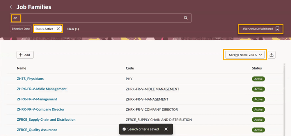 「ジョブ・ファミリ」ページのサンプル保存済検索