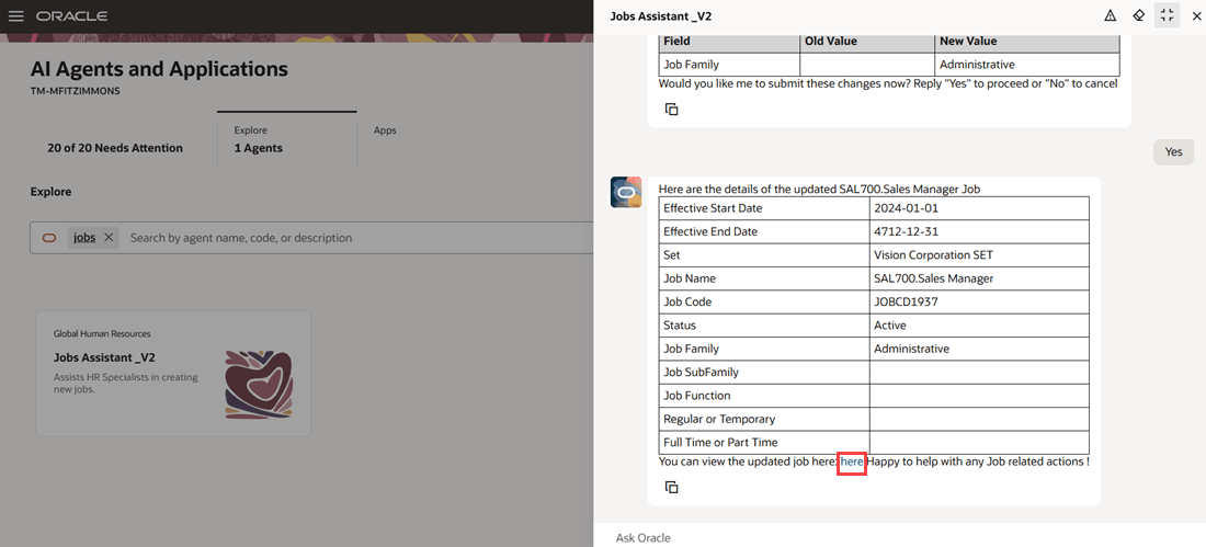 エージェントは、更新されたジョブの詳細と、更新されたレコードへのビュー・リンクを表示します