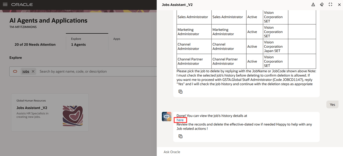 ジョブの履歴詳細を表示したり、表示する行を削除するために表示される「表示」リンク