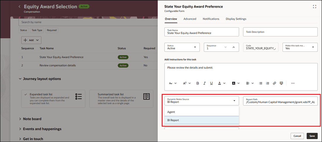タスク・ノートを動的に生成するBIレポートとしてソースを選択