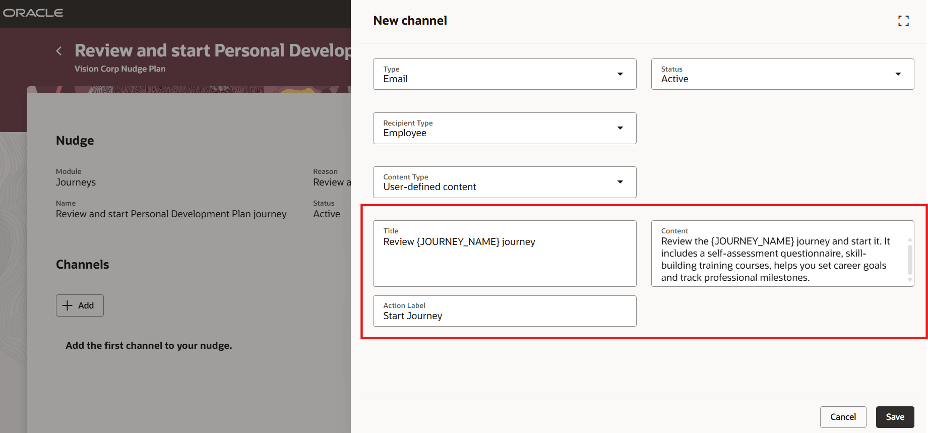 ジャーニ・ナッジのレビューおよび開始に関する通知のユーザー定義コンテンツ