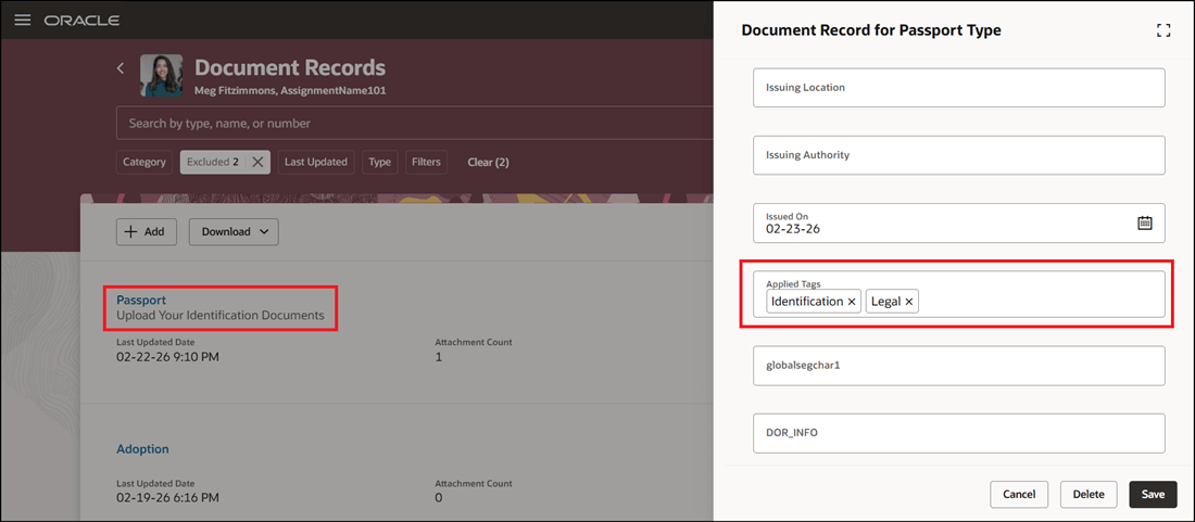 文書レコードに添付されたタグ