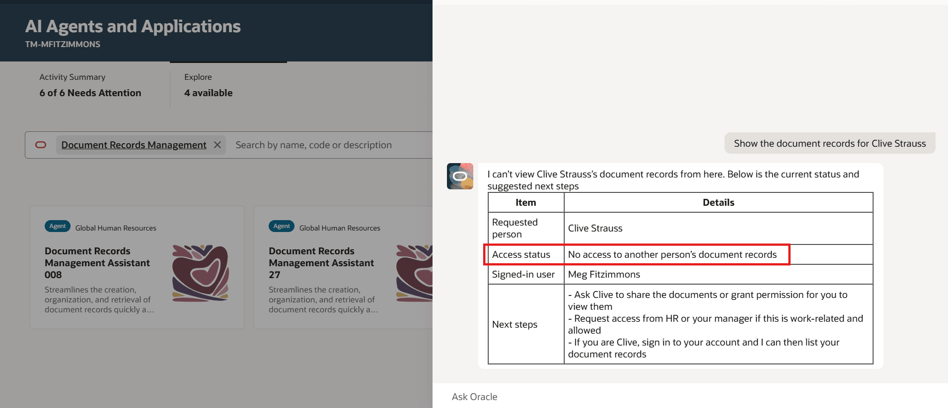 AIアシスタントはログイン・ユーザーのアクセスに基づいてデータを取得するのみです