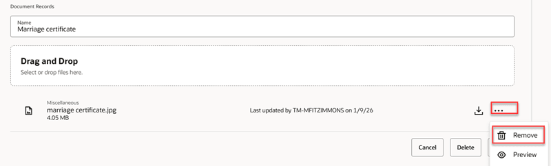 文書レコードからの添付の削除