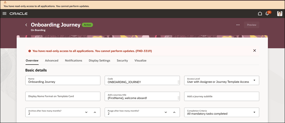 ユーザーがジャーニ・テンプレートを編集および保存しようとしたときに表示されるメッセージ
