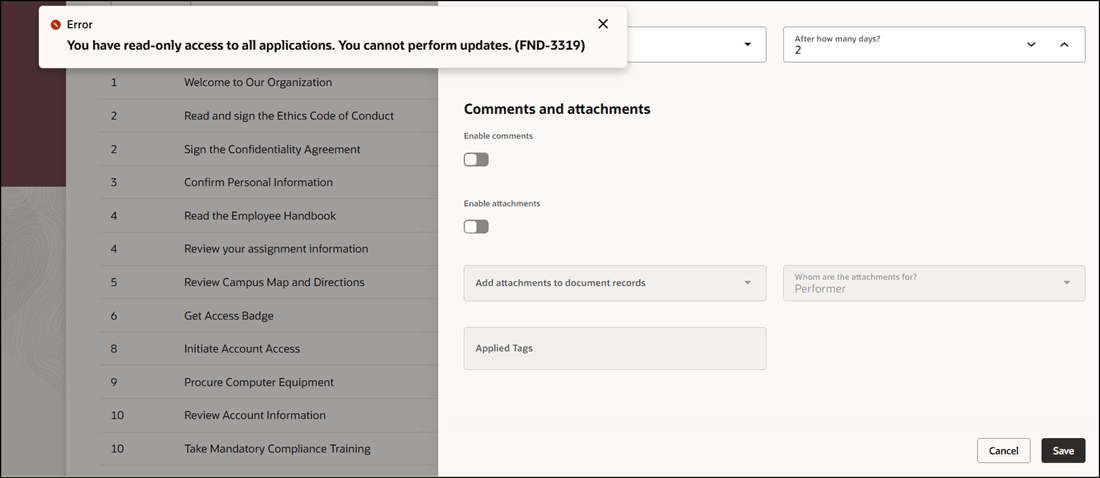 ユーザーがジャーニ・タスクを編集および保存しようとしたときに表示されるメッセージ