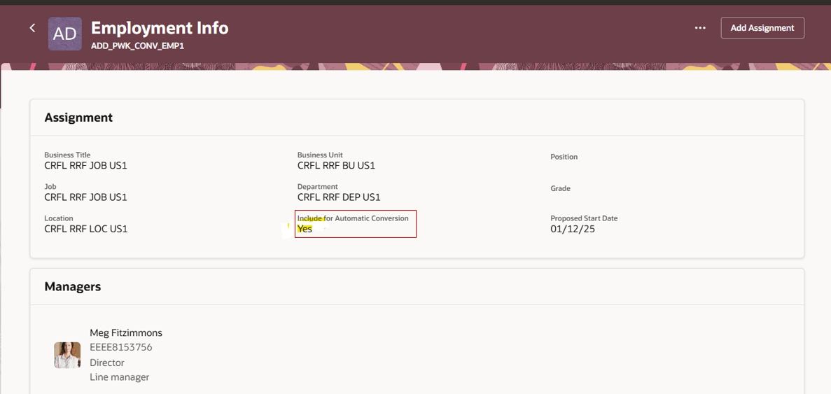 「雇用情報」ページの「自動変換に含める」フィールド
