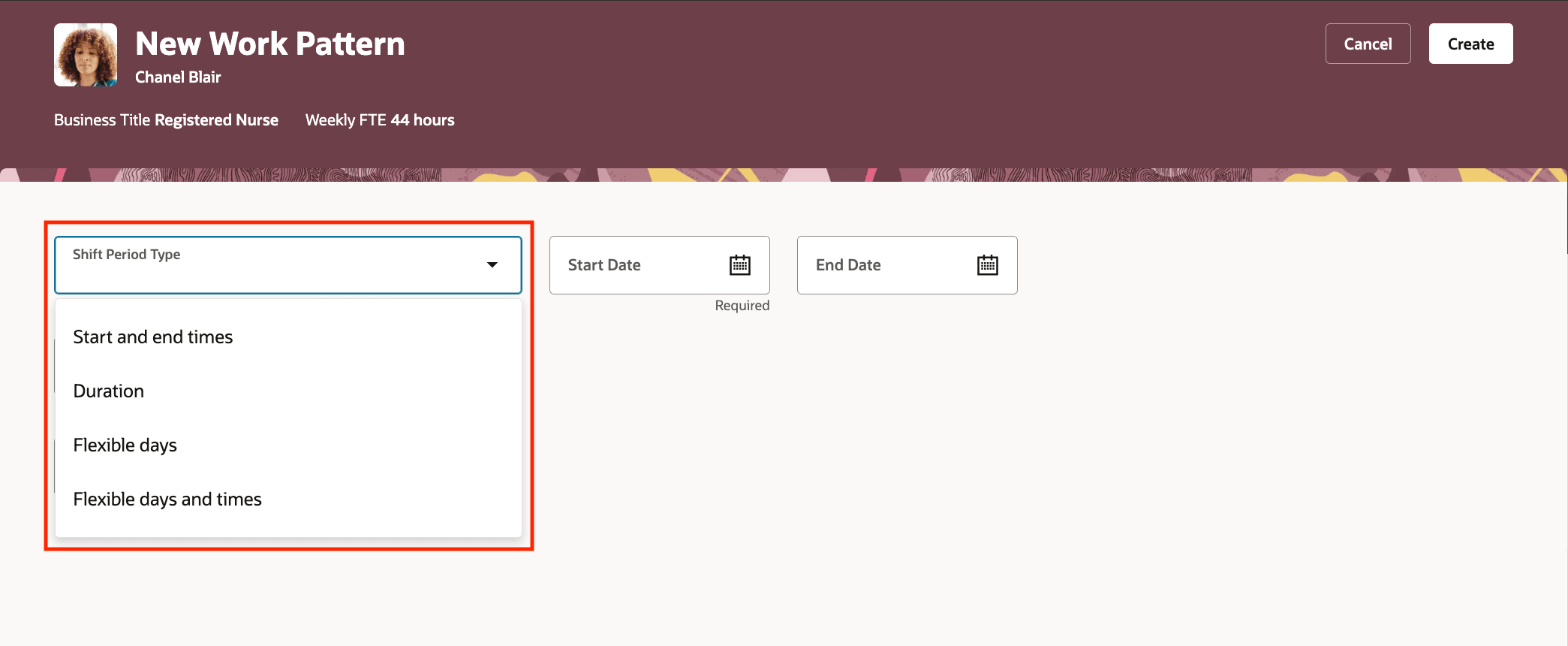 勤務パターン・テンプレートおよび勤務パターンでのシフト期間タイプの選択