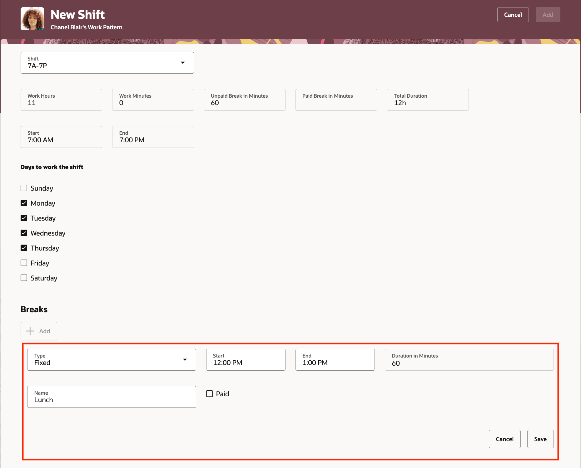 勤務パターン・テンプレートおよび勤務パターン・シフトに関する休憩の直接定義