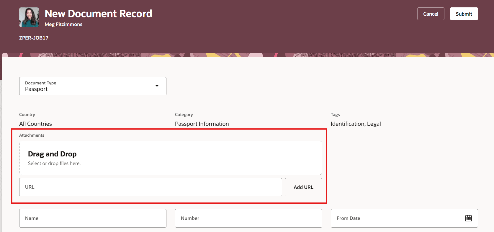 「文書レコードの追加」ページの「添付」リージョン