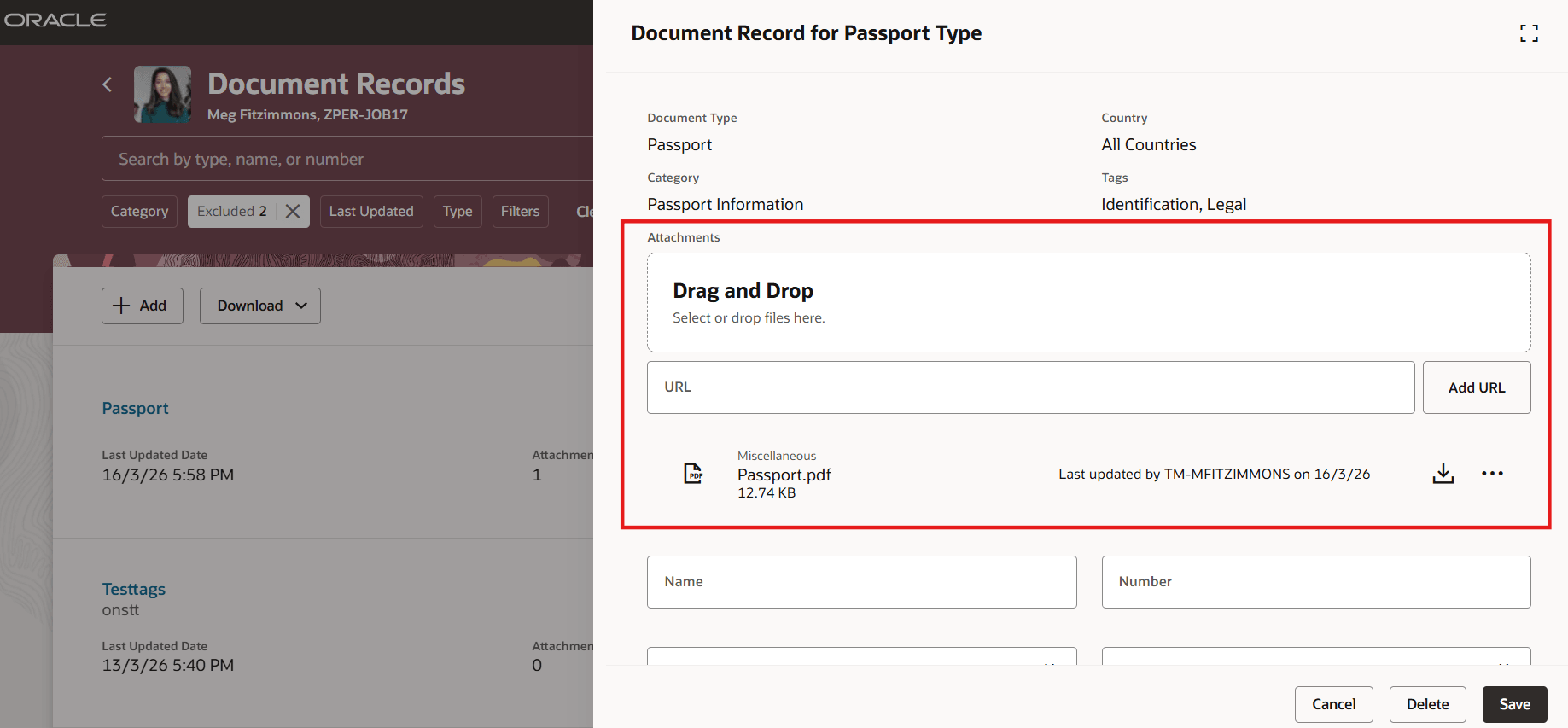 「文書レコードの編集」ページの「添付」リージョン