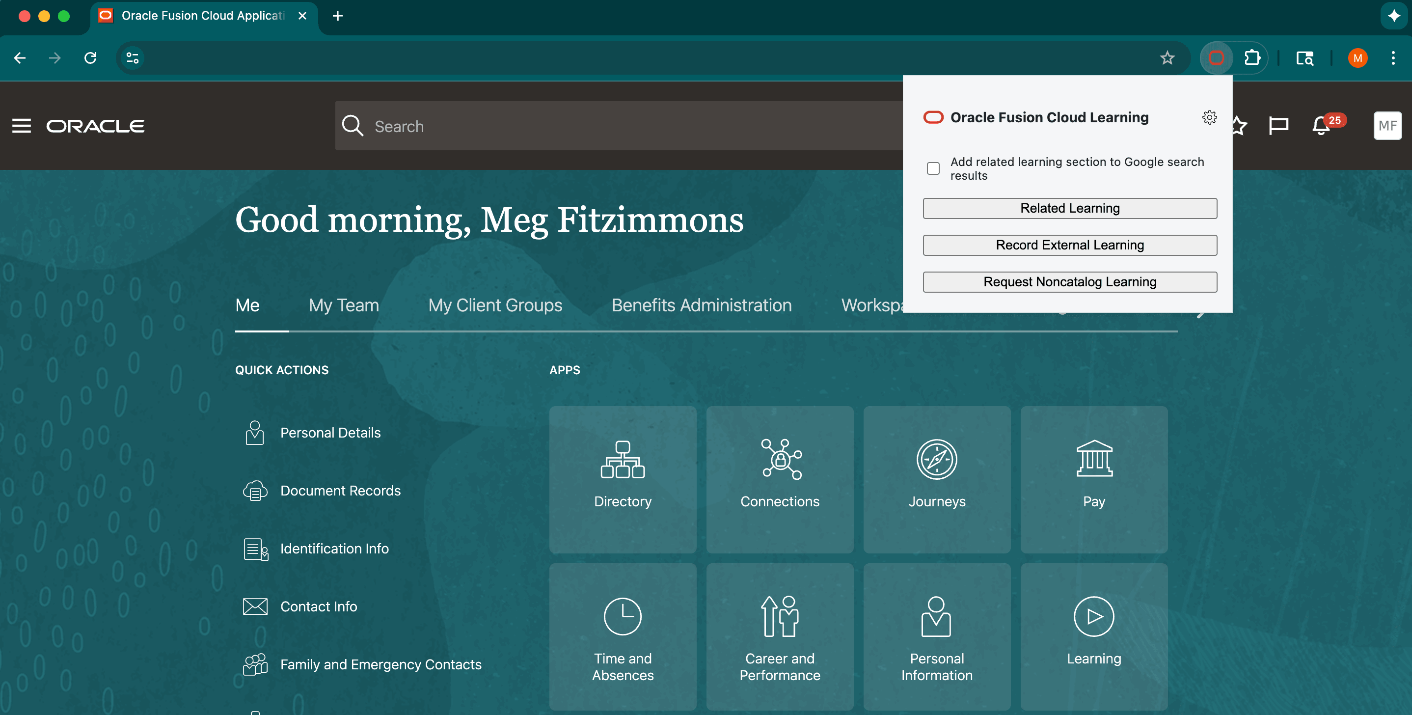 Oracle HCM Learning Chrome Extensionメイン・メニュー