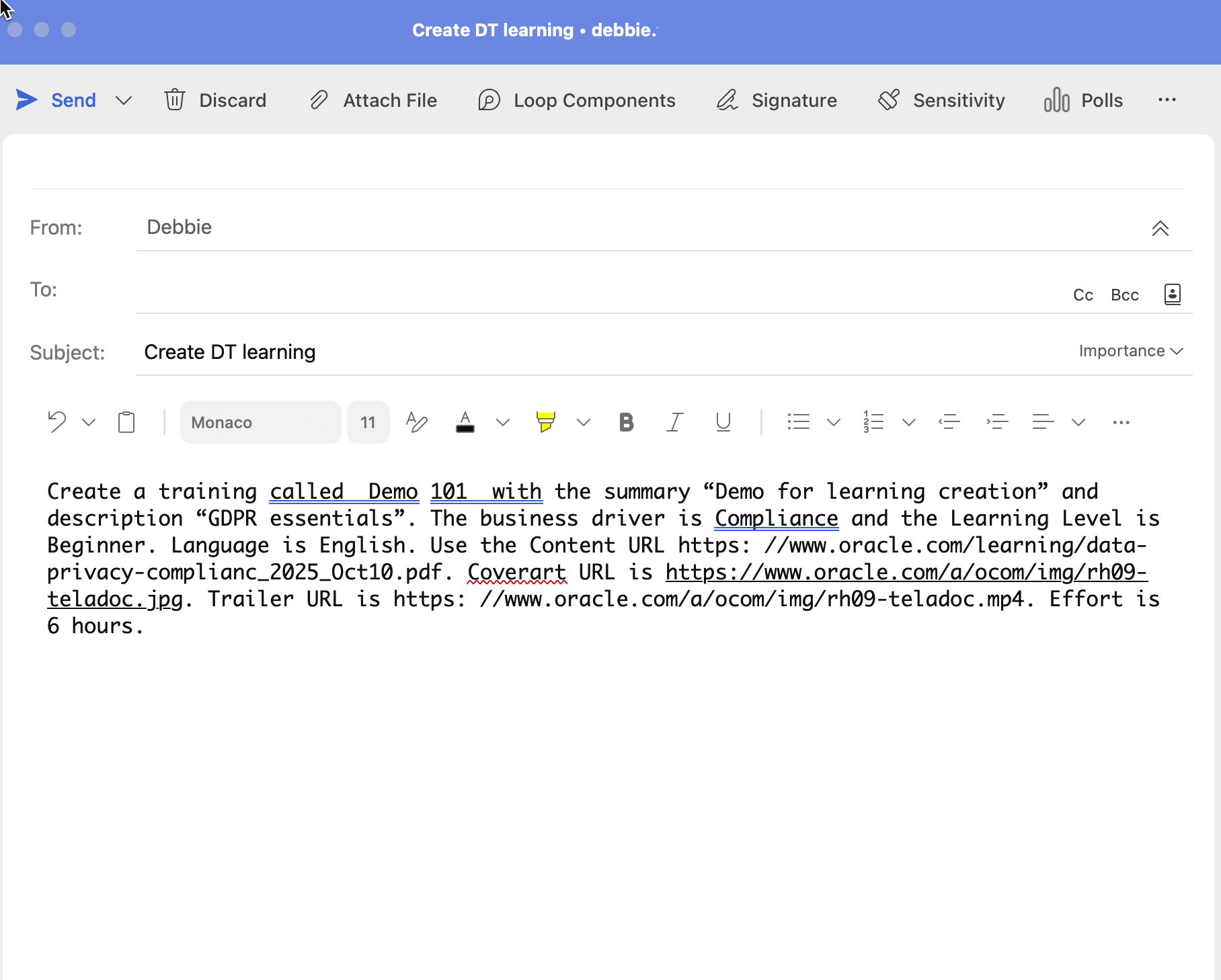 本文に指示が記載された電子メール