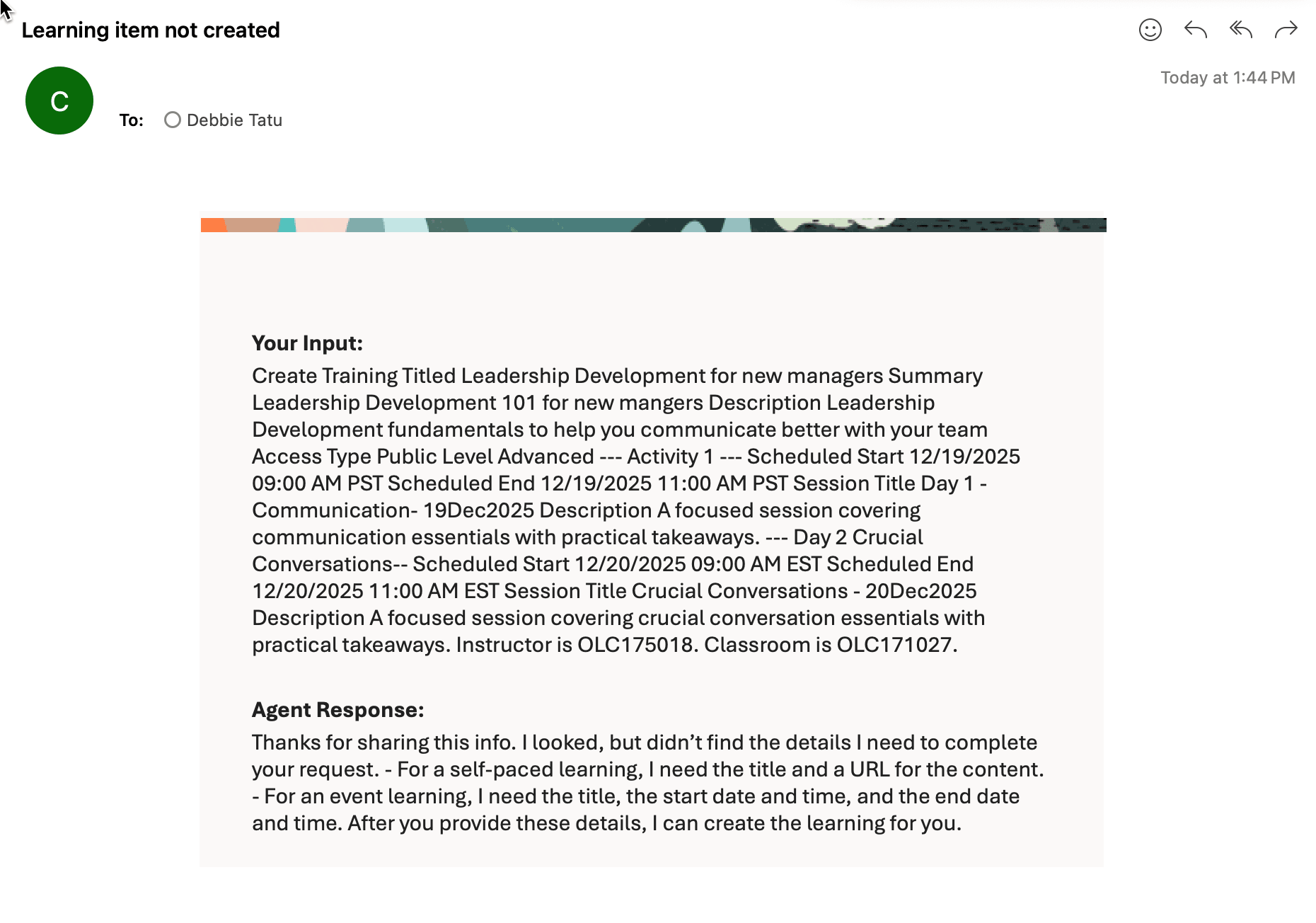 学習を作成できないときの応答