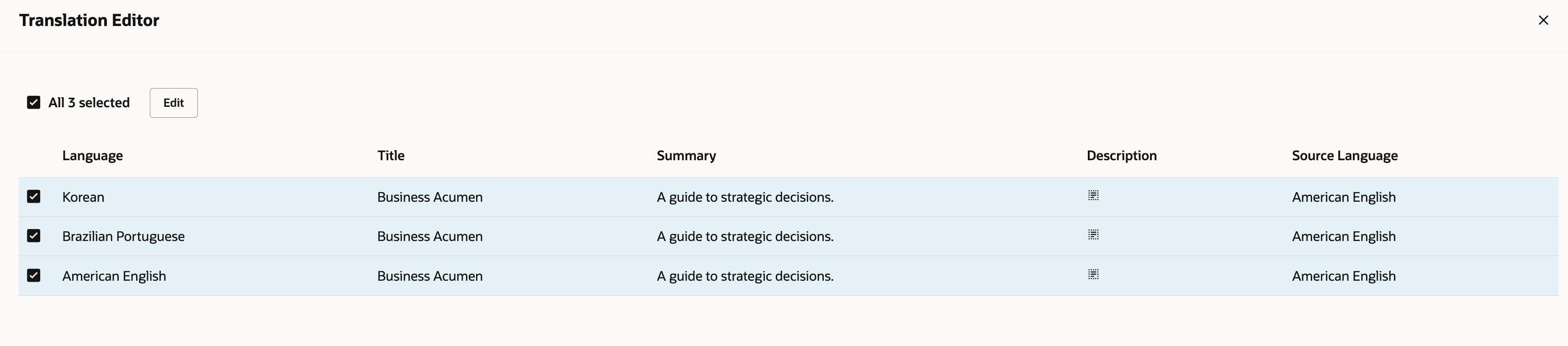 翻訳を作成できるすべての言語を含むイベント翻訳エディタ