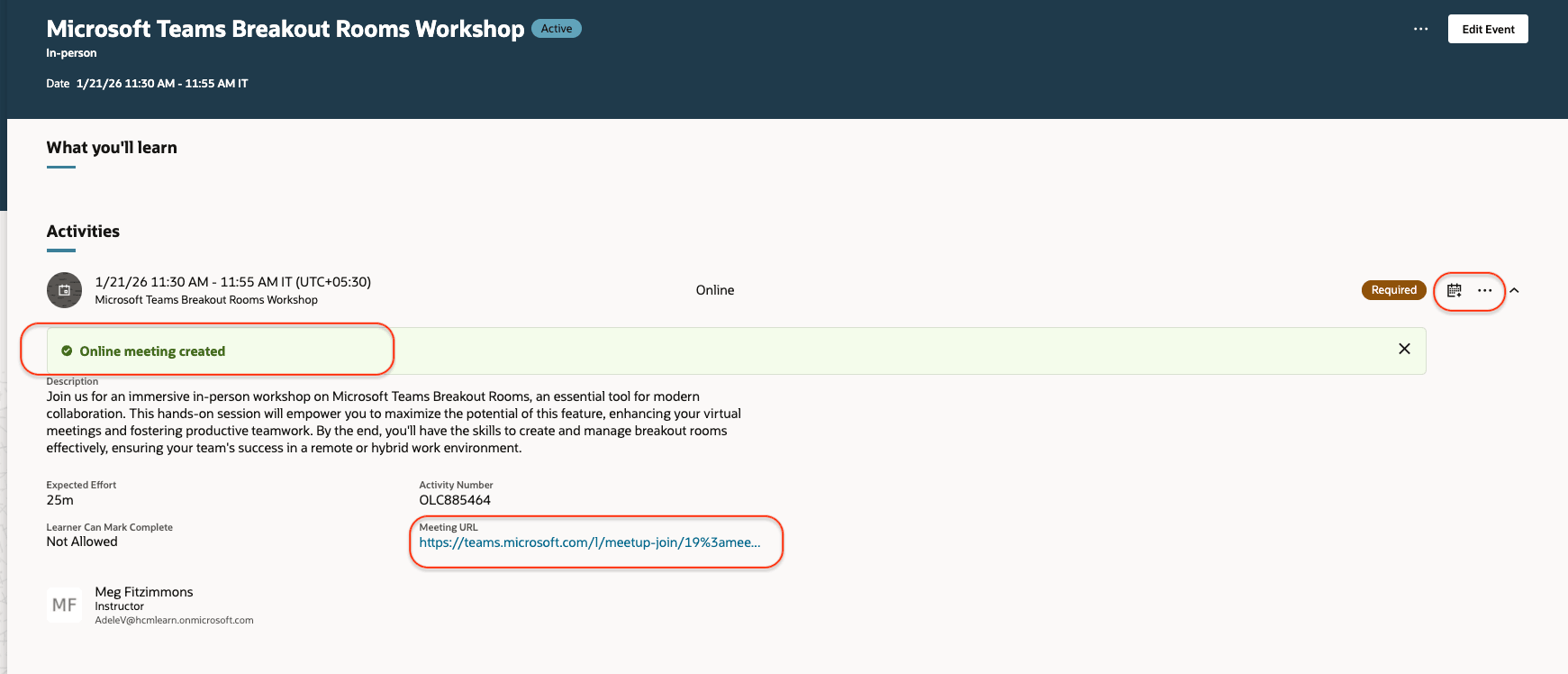 プロバイダ会議作成ステータス、会議URLおよびイベントのダウンロード・アイコンが表示された「イベント詳細」ページ
