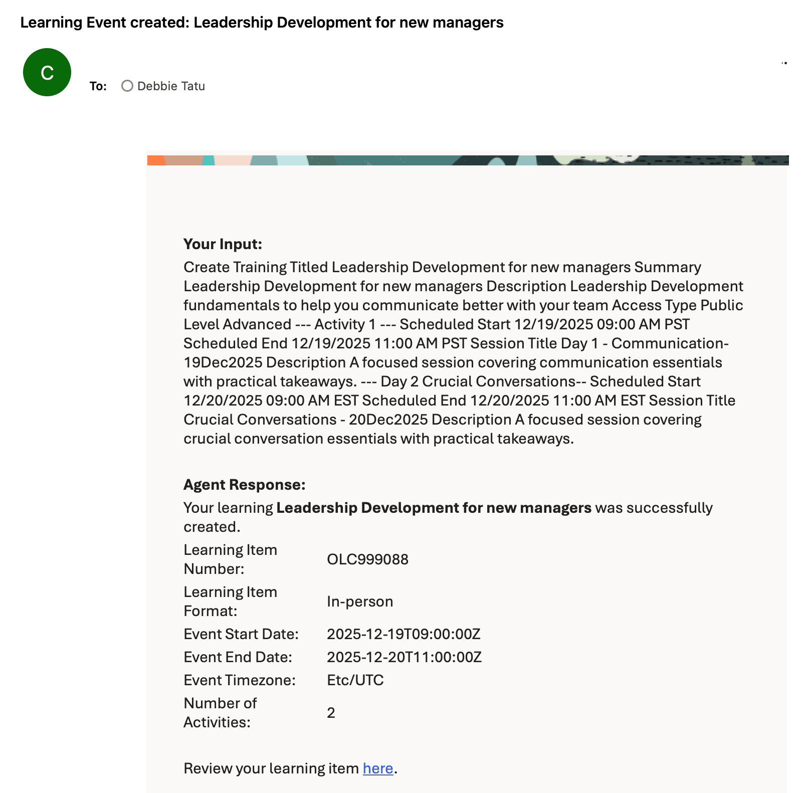 正常に作成された学習に対するEメール応答