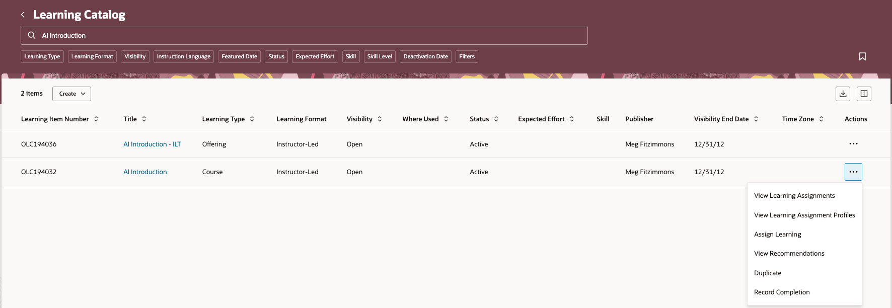 「行レベル処理」→「レコード完了」オプションが表示されている「学習カタログ」ページ