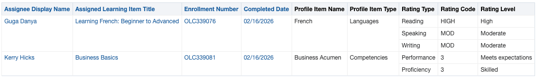 完了済割当のプロファイル項目名、タイプ、評点タイプ、評点コードおよび評点レベルなどの学習者結果を含むOTBIレポート。