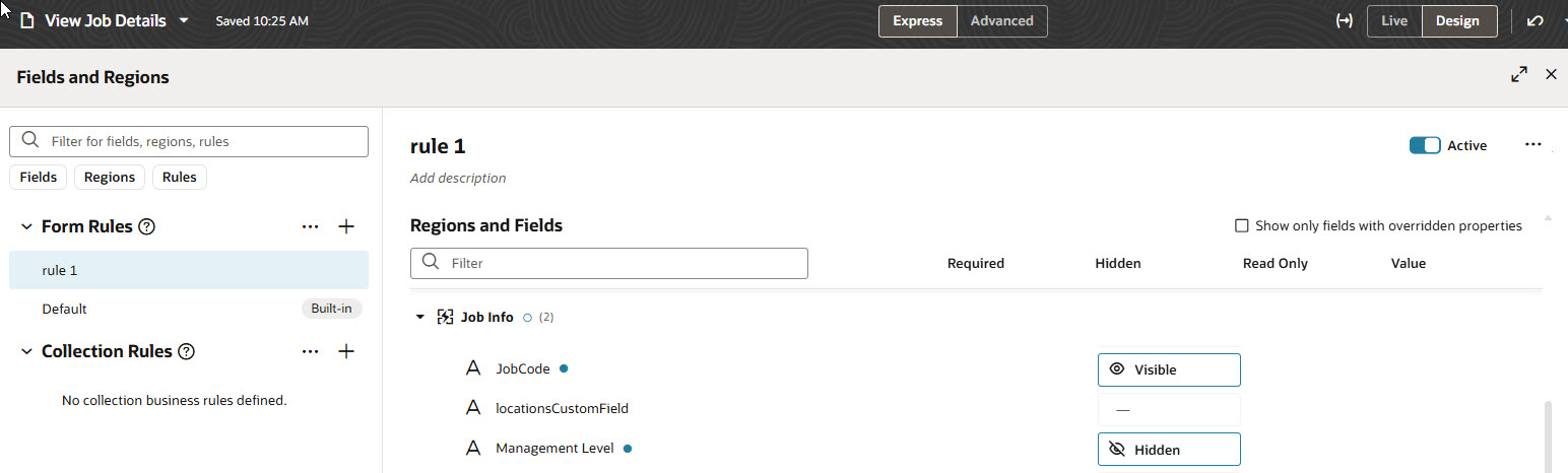 Visual Builder Studioのジョブ・コードおよび管理レベルのフィールド
