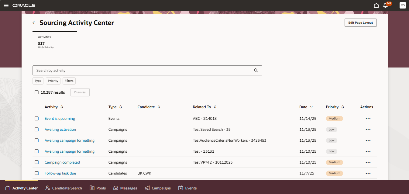ソーシング アクティビティ センター ページ