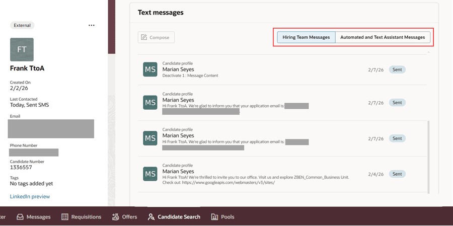 「候補者プロファイル」ページの「メッセージ」タブ
