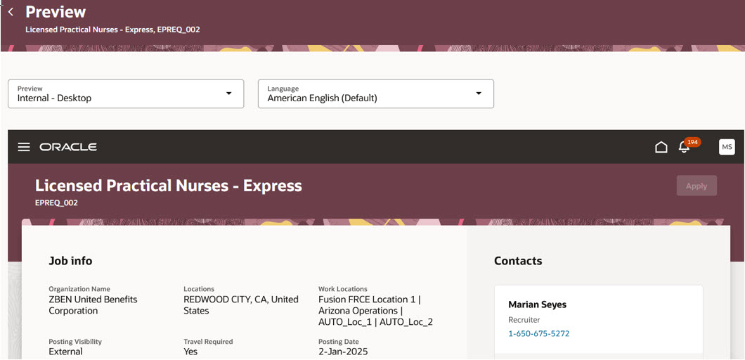 ジョブ求人テンプレートのプレビュー: 内部- デスクトップ・ビュー