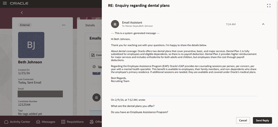電子メールアシスタントから送信されたサンプル応答