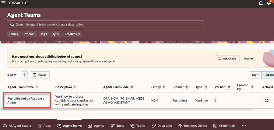 「エージェント・チーム」タブの採用受信ボックス応答エージェント
