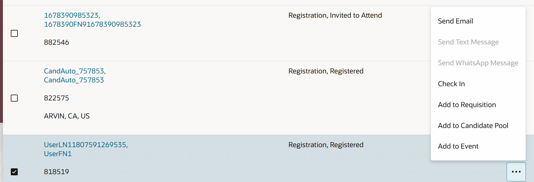 ステータスが「Registration、 Registered(登録済)」の候補者のチェックイン