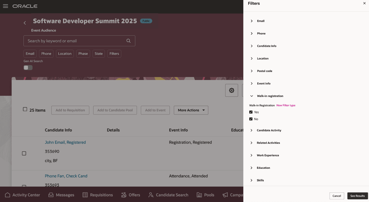 チェックイン方法による候補者のフィルタ