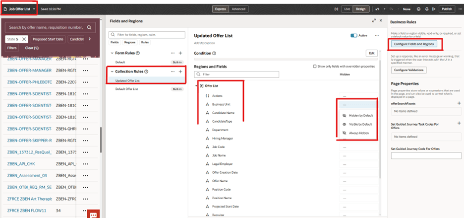 「ジョブ・オファー」リスト・ページのVisual Builder Studio列のカスタマイズ