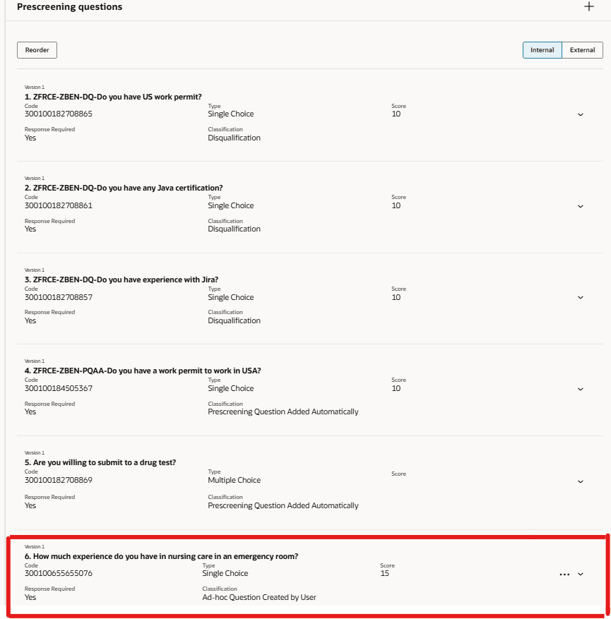 事前スクリーニング質問のリストに追加されたアドホック質問