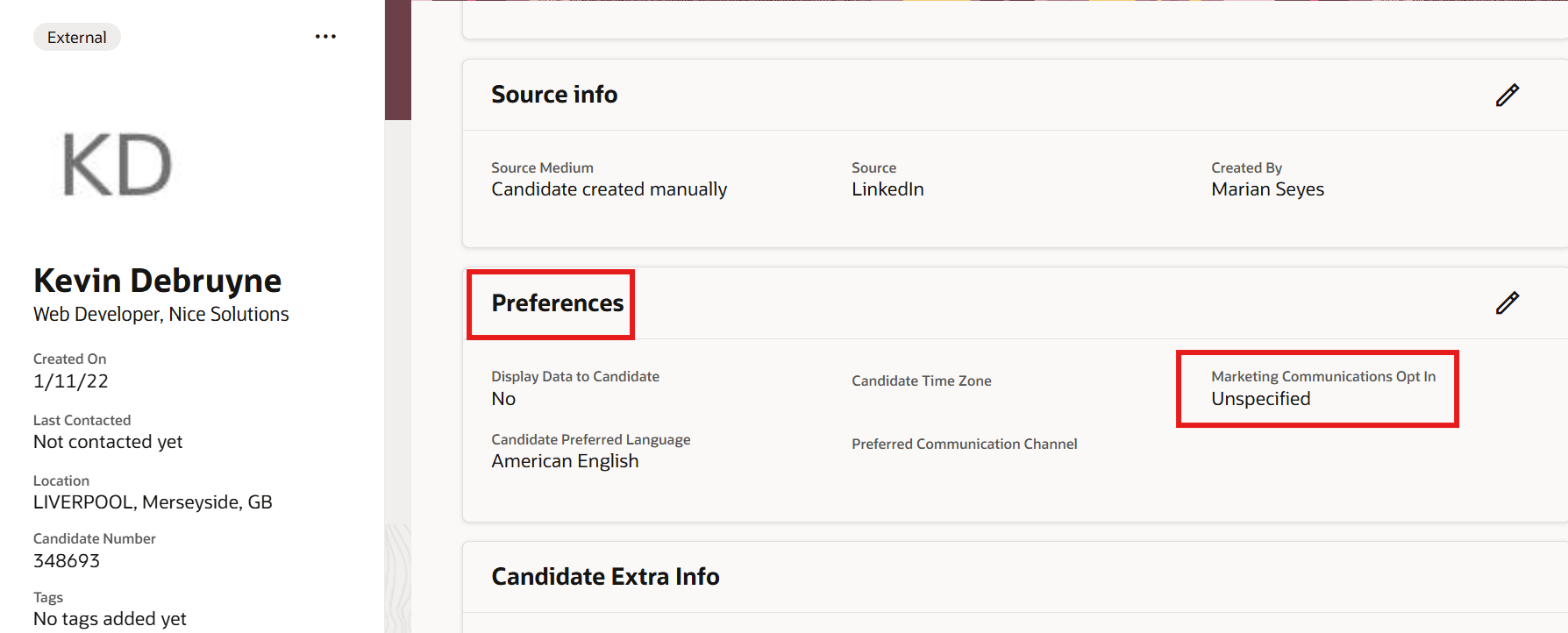 候補者検索のマーケティングコミュニケーションオプトインフィールド