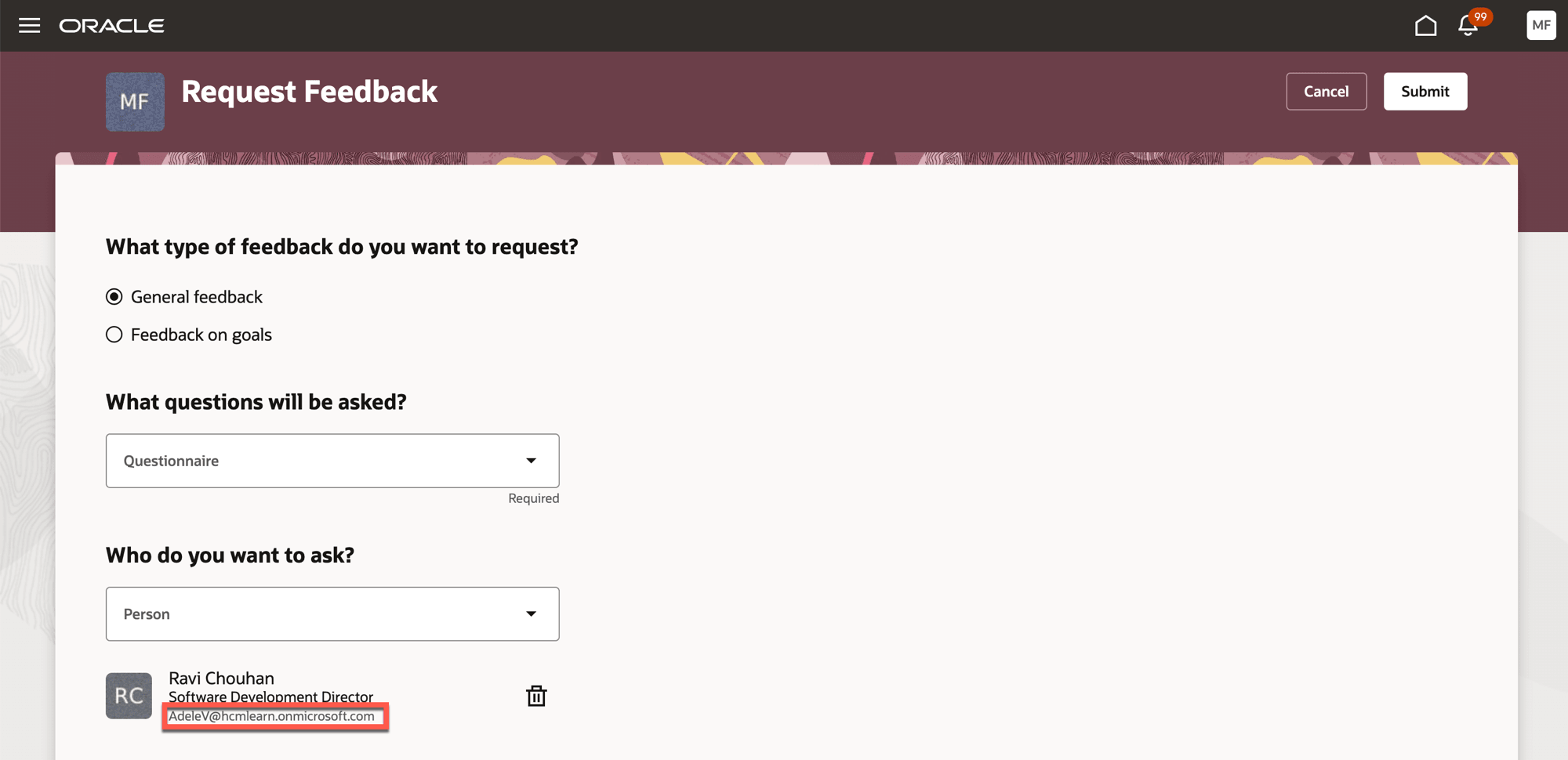 有効にすると表示されるフィードバック・プロバイダのEメールID