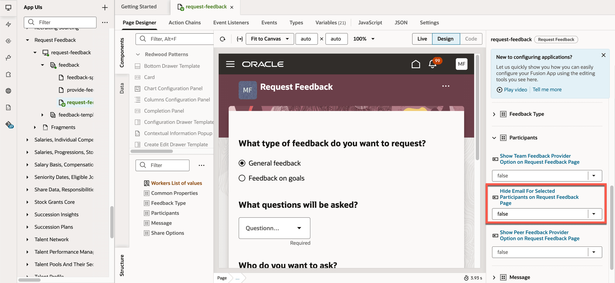 フィードバック・プロバイダのEメールIDの表示を制御するページ・プロパティ