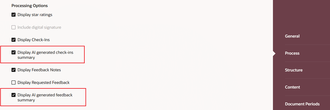 この図は、生成されたフィードバック・サマリーを有効にするための管理者設定を示しています。 パフォーマンス文書にフィードバック要約を表示するために有効にする必要がある2つのオプションが強調表示されます。 