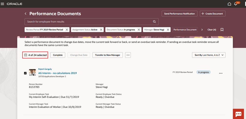 「すべて選択」チェックボックスが強調表示されたこのイメージは、「パフォーマンス文書」ページの複数選択機能を示しています。